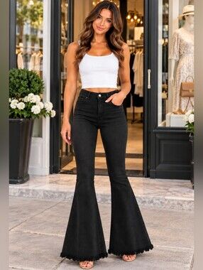 Hope & Hype Black High Rise Flare Bell Bottom Jeans Raw Hem